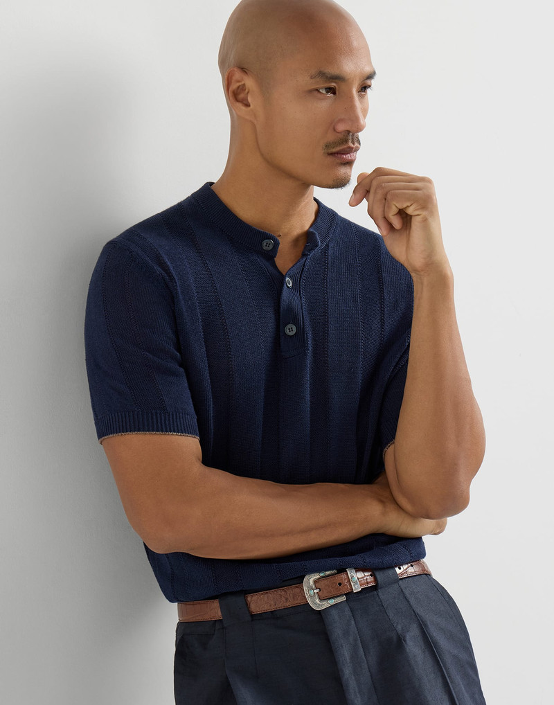 Linen and cotton textured rib knit T-shirt with Henley collar 5