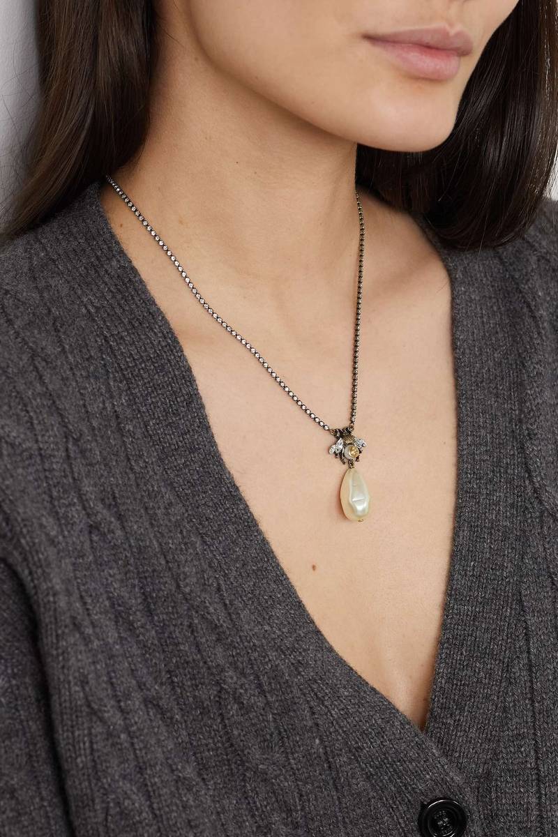 GUCCI Gold-tone, crystal and faux pearl necklace outlook