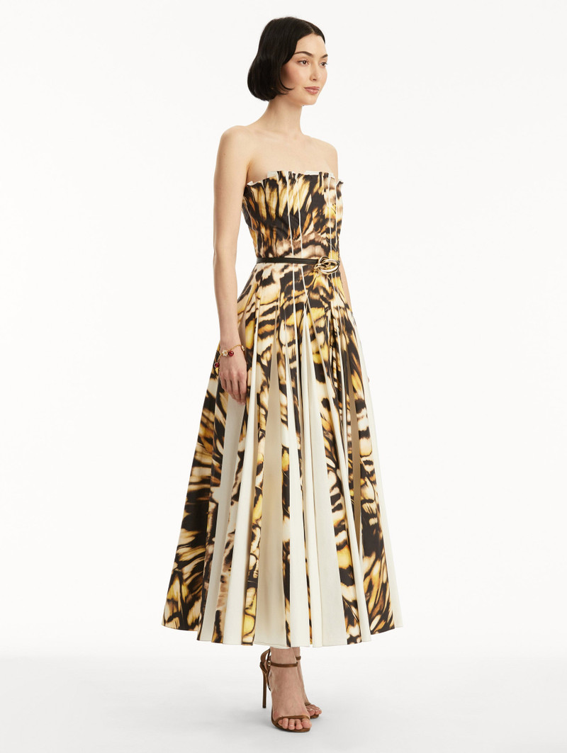 ABSTRACT BUTTERFLY COTTON POPLIN STRAPLESS DRESS 4