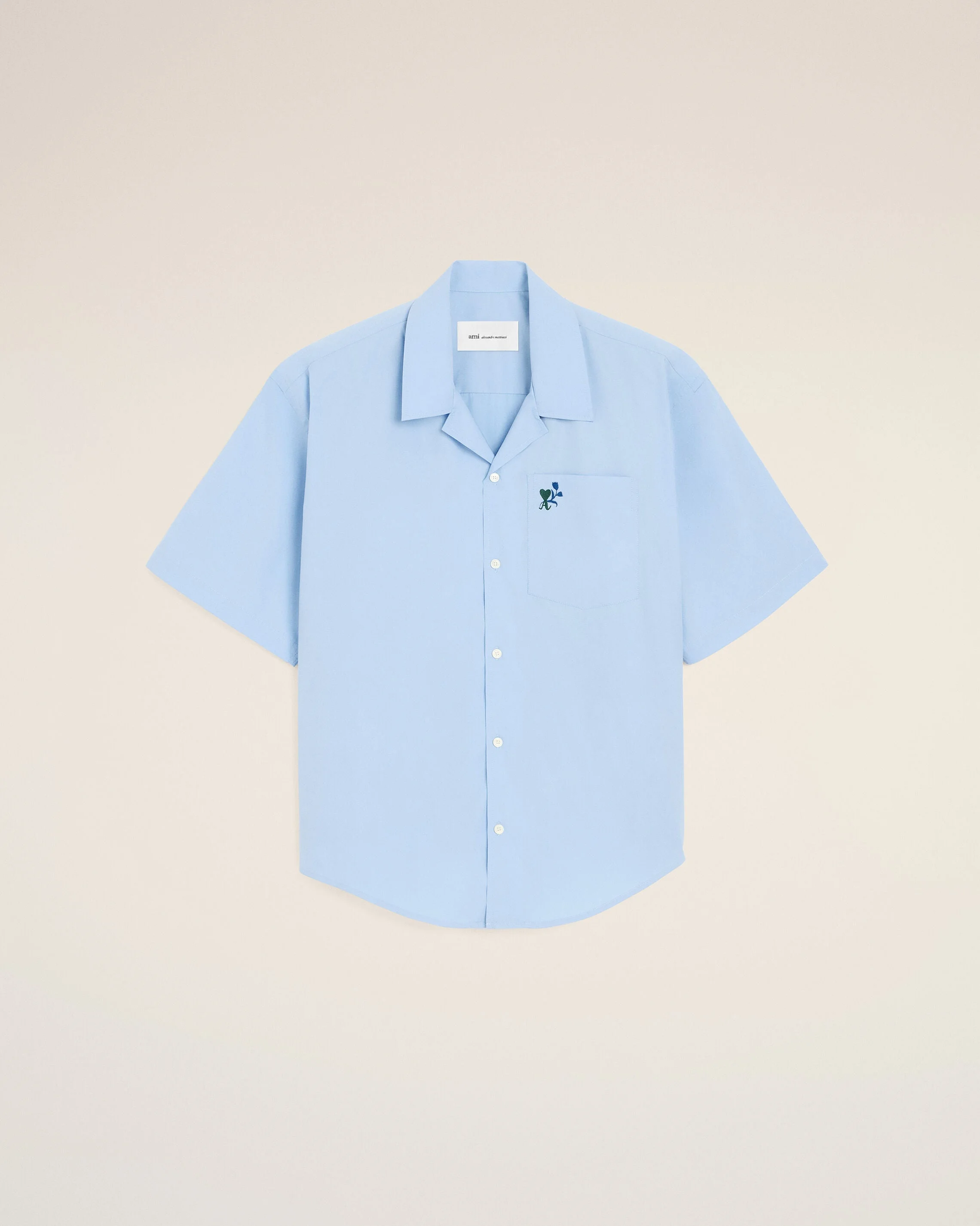 BLUE BOXY COTTON SHORT-SLEEVE SHIRT WITH AMI DE COEUR TULIP - 1