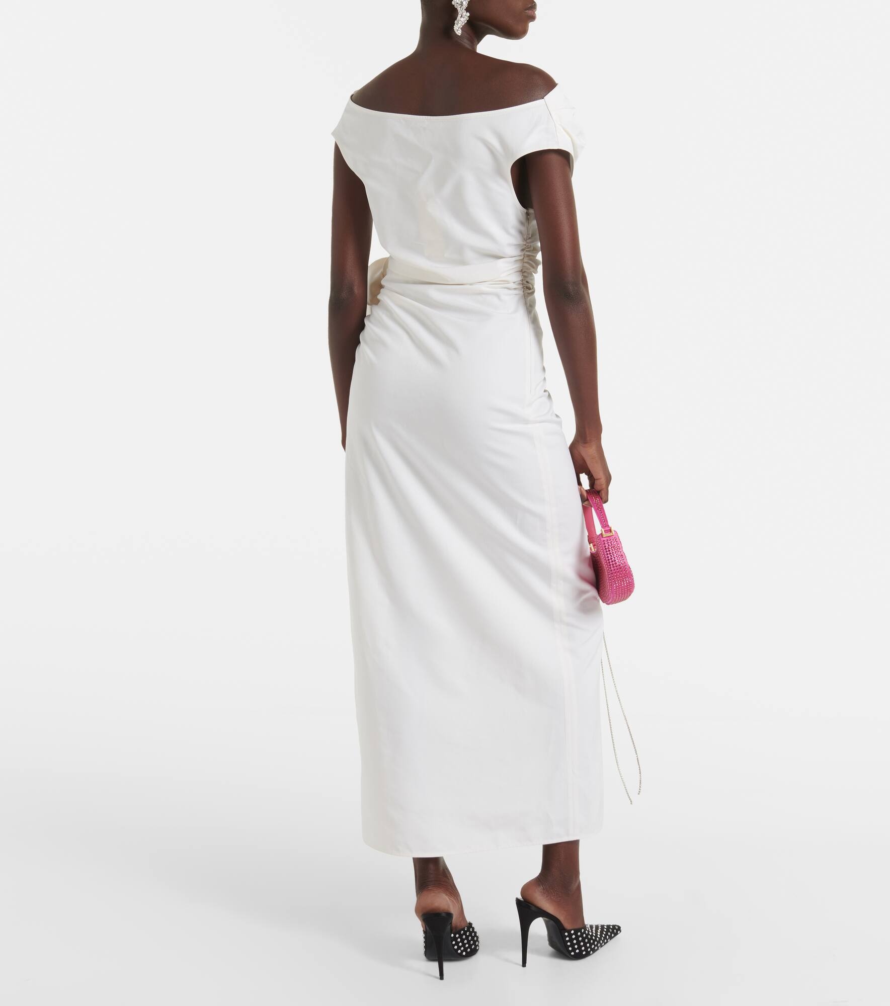 Floral-appliqué off-shoulder silk midi dress - 3