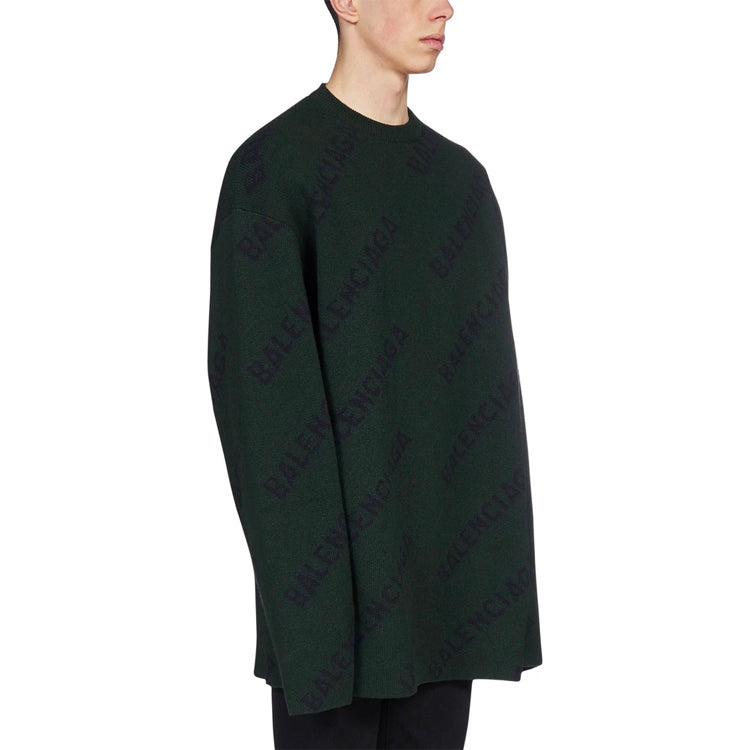 Balenciaga All Over Logo Crewneck Wool Knit Sweater 'Dark Green' 657400T15673050 - 4