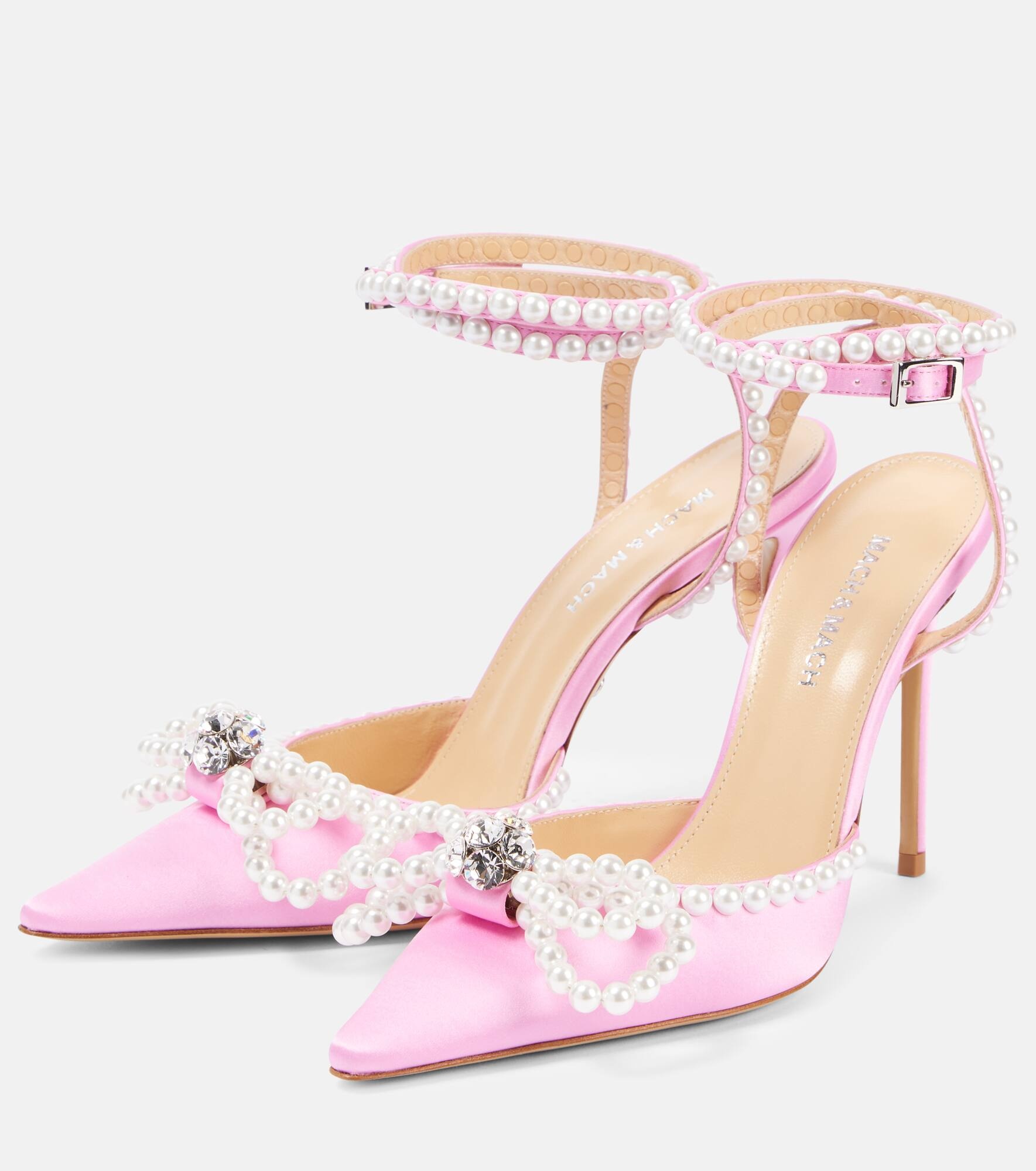 Double Bow 110 embellished satin pumps - 4