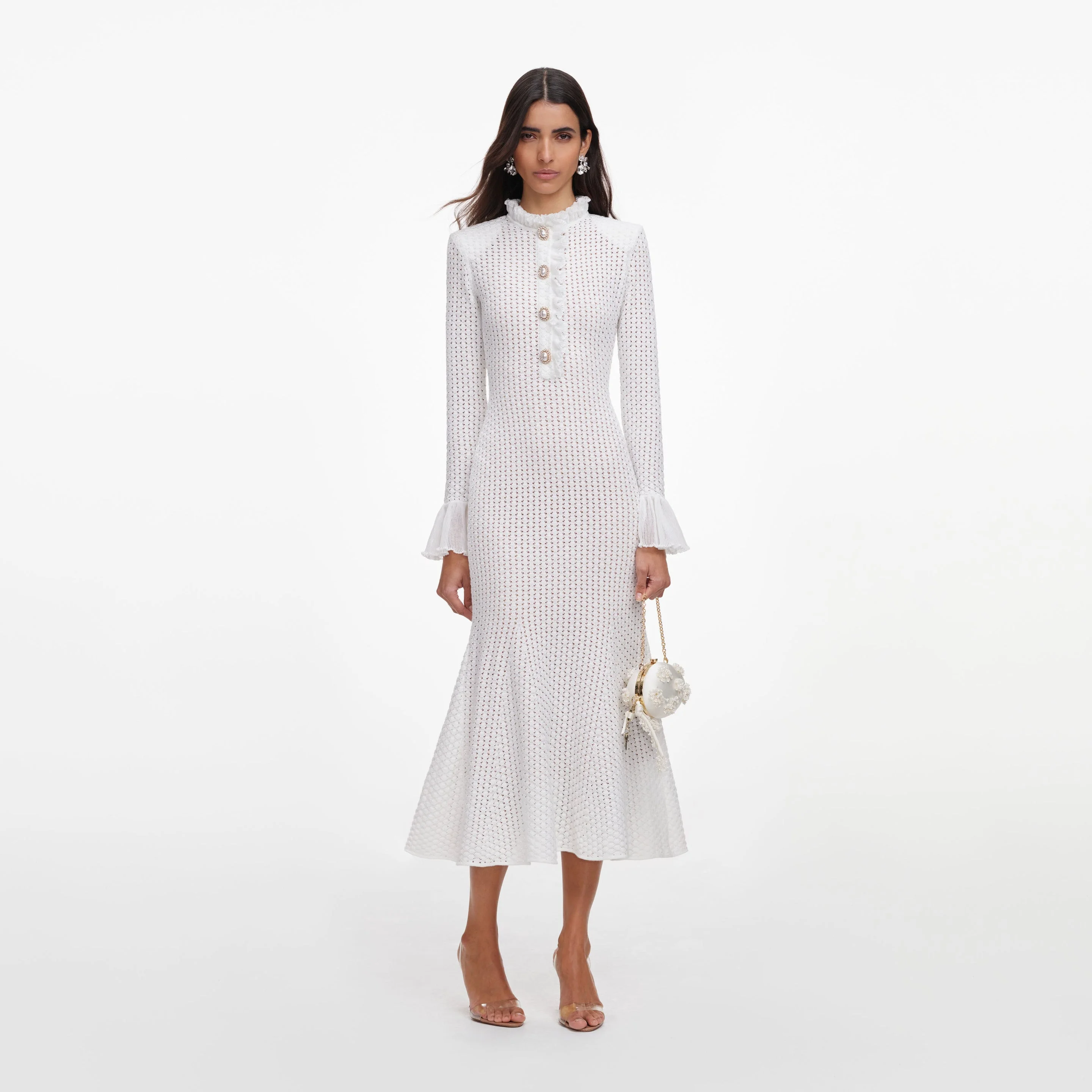 White Pointelle Knit Flare Midi Dress - 1