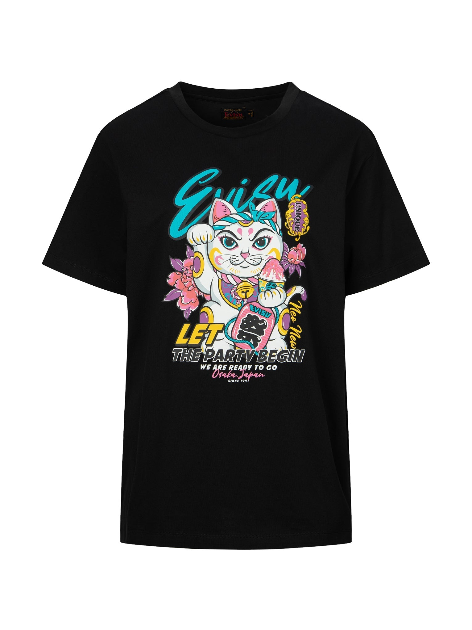 FORTUNE CAT AND FLORAL PRINT BOYFRIEND T-SHIRT - 12