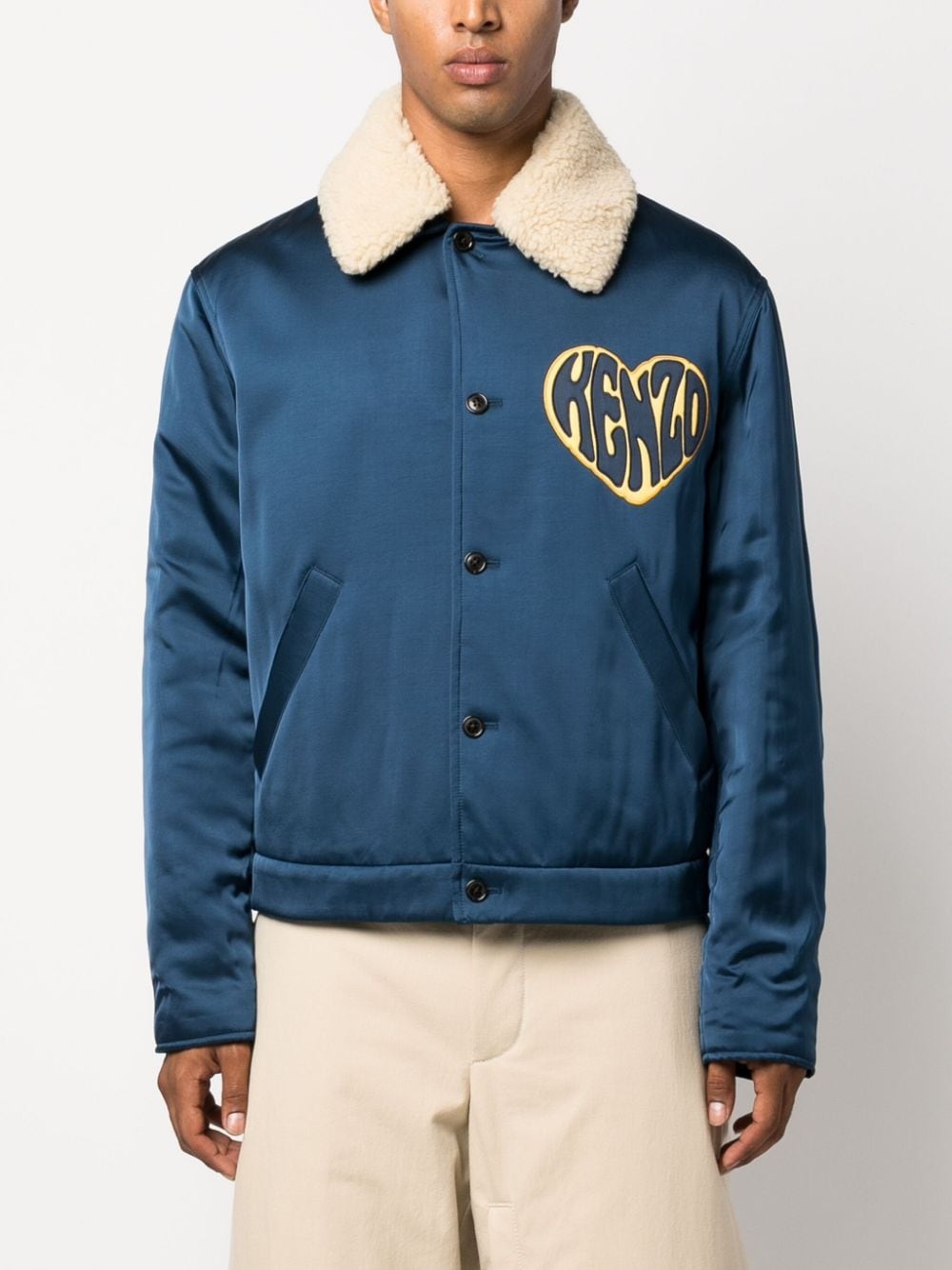 heart-embroidery shearling collar jacket - 3
