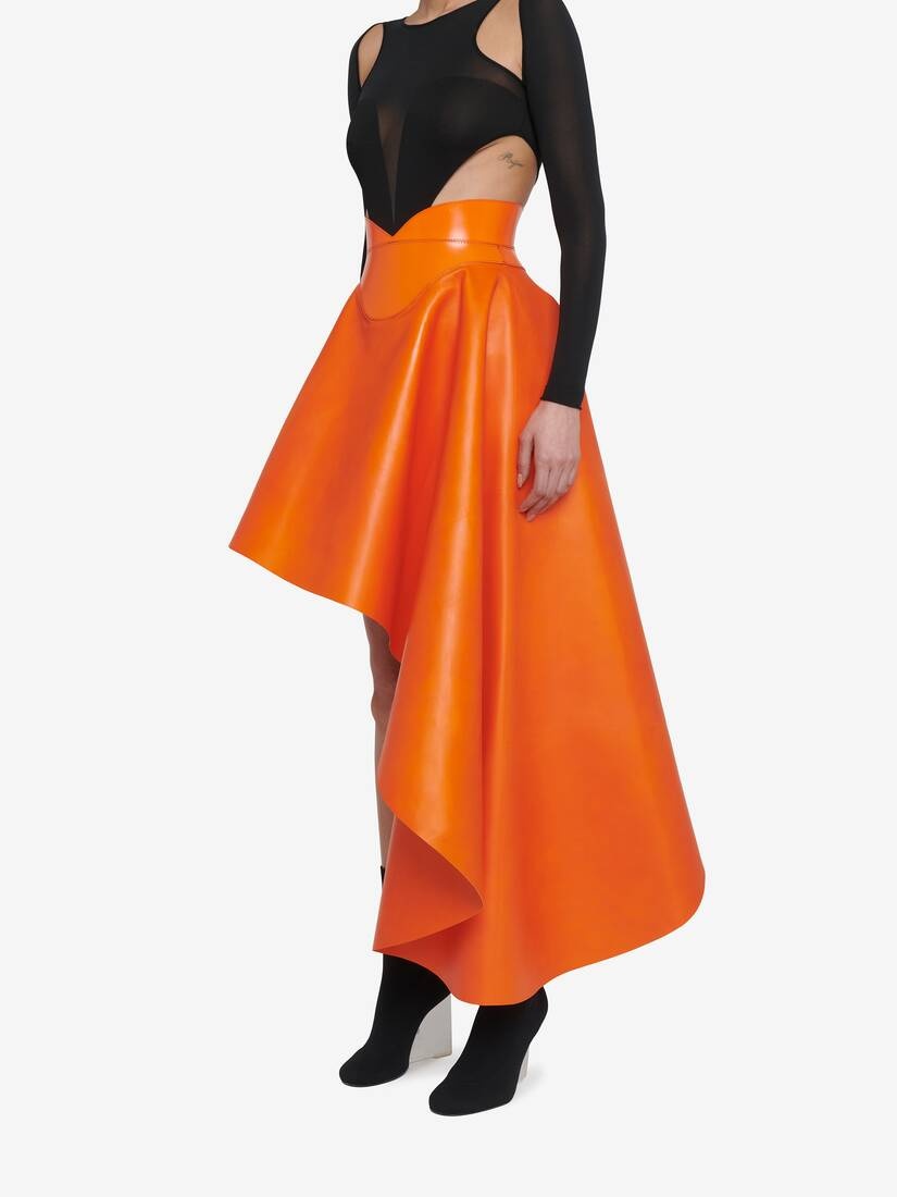 Women's Asymmetric Drape Leather Skirt in Sunset Orange - 5