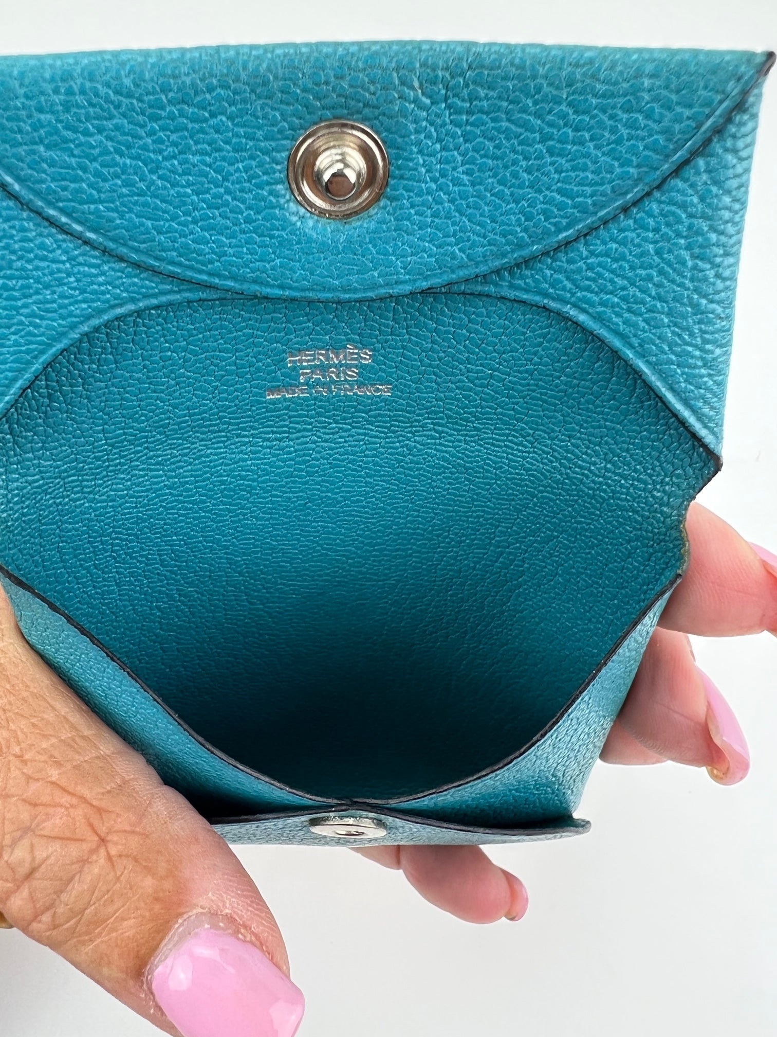 Hermès Chevre Mysore Bastia Verso Teal Blue Coin Purse W/Added Chain Preowned - 5