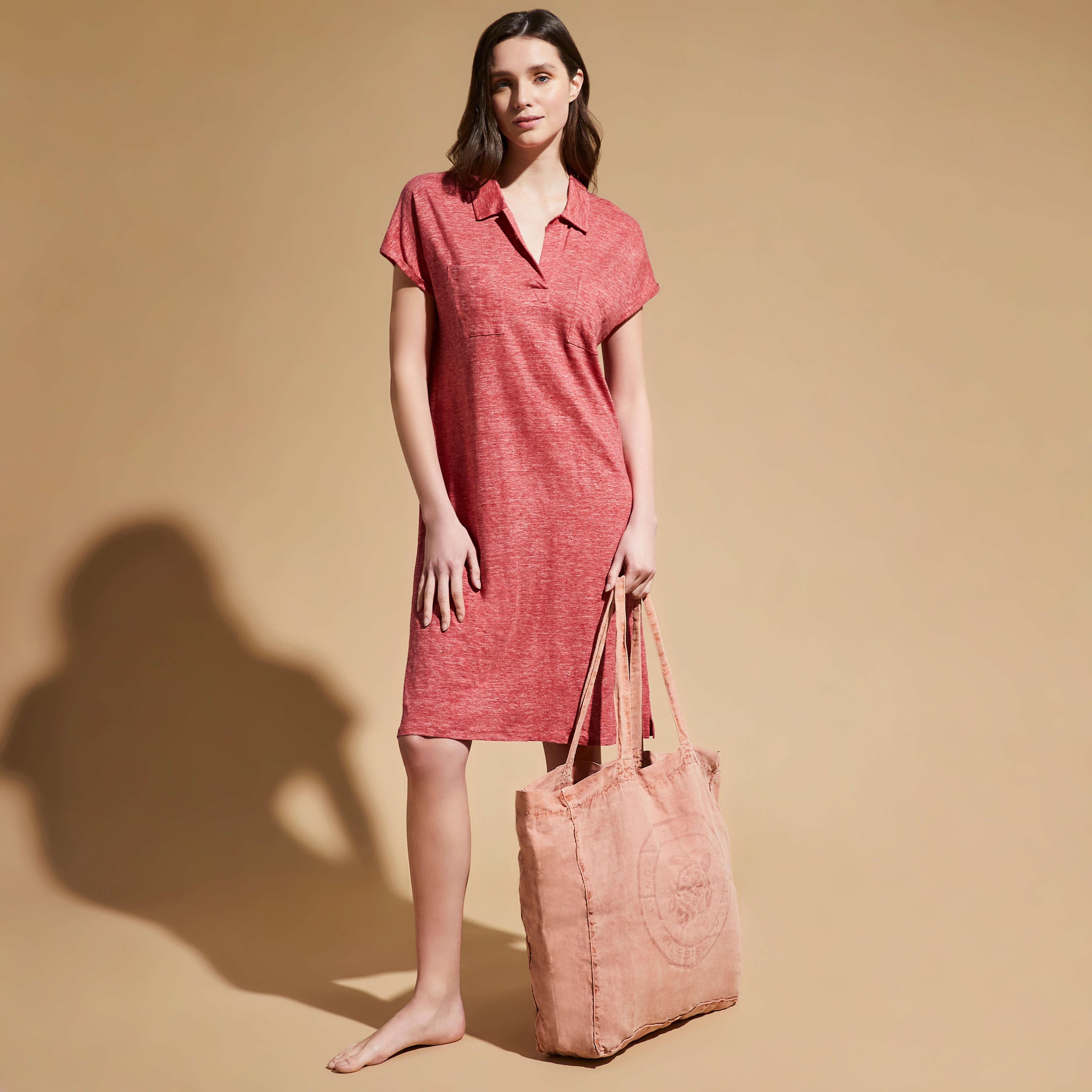 Women Linen Long Polo Dress Solid - 5