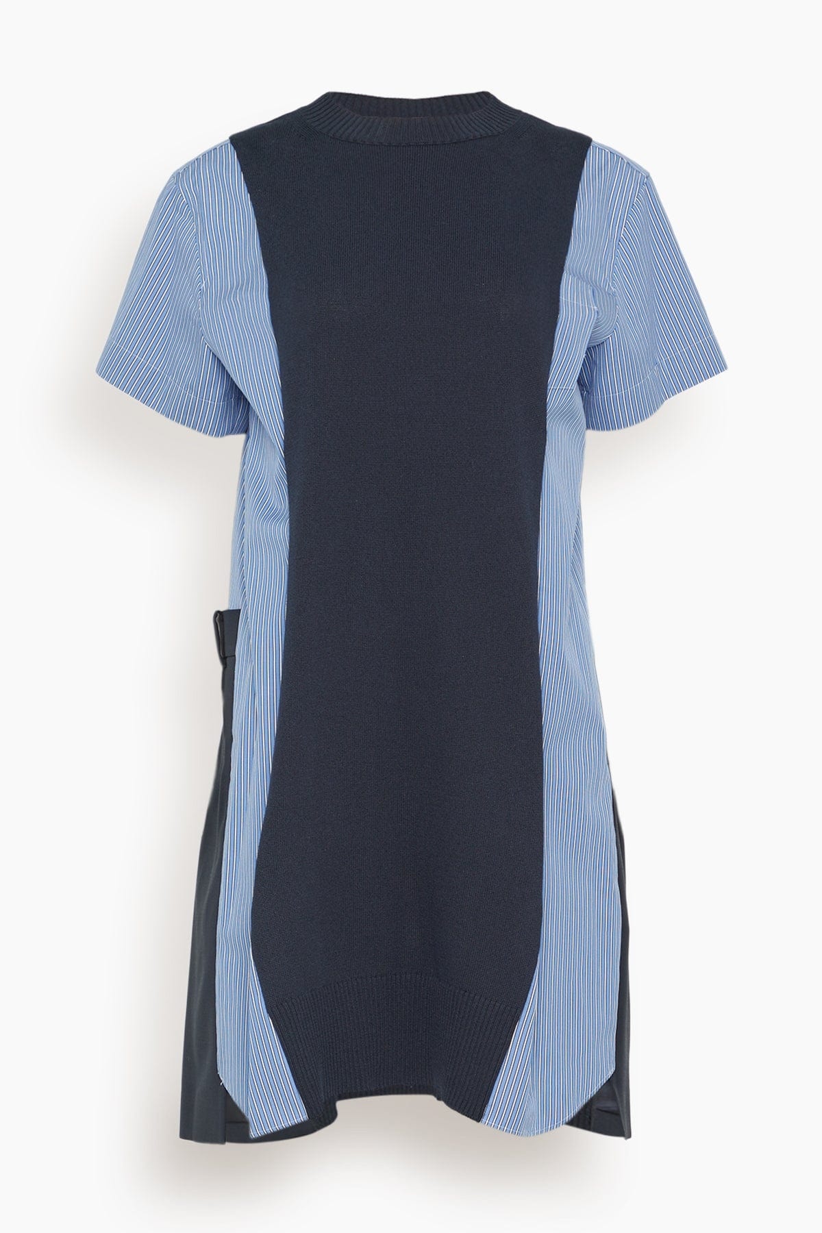 sacai Poplin x Knit Dress in Navy and Blue Stripes