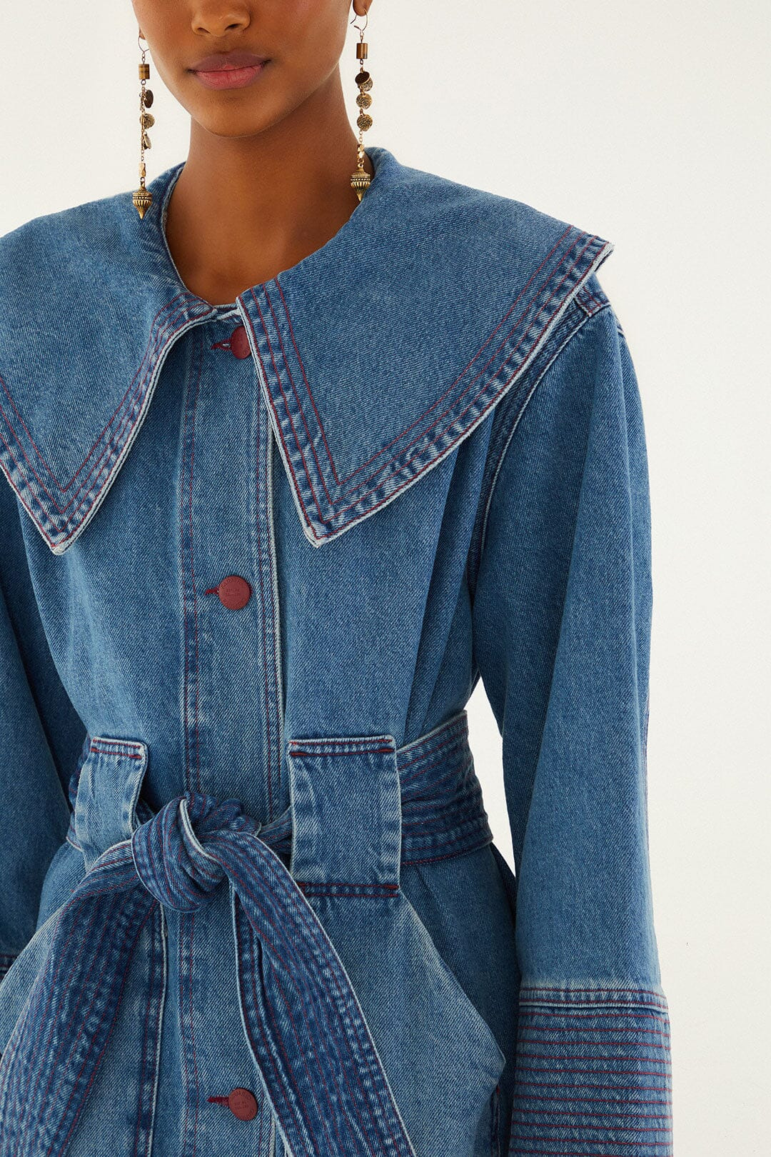 Denim Collared Belted Trench Coat - 3