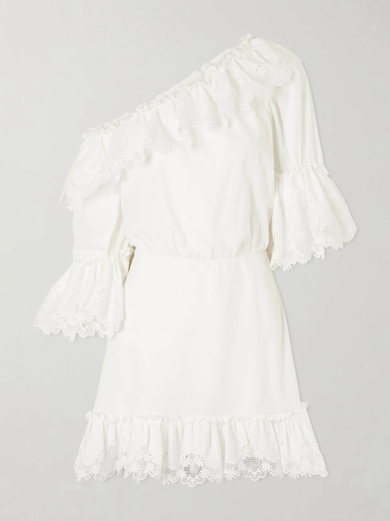 One-shoulder Guipure-lace Trimmed Cotton-poplin Mini Dress - 1