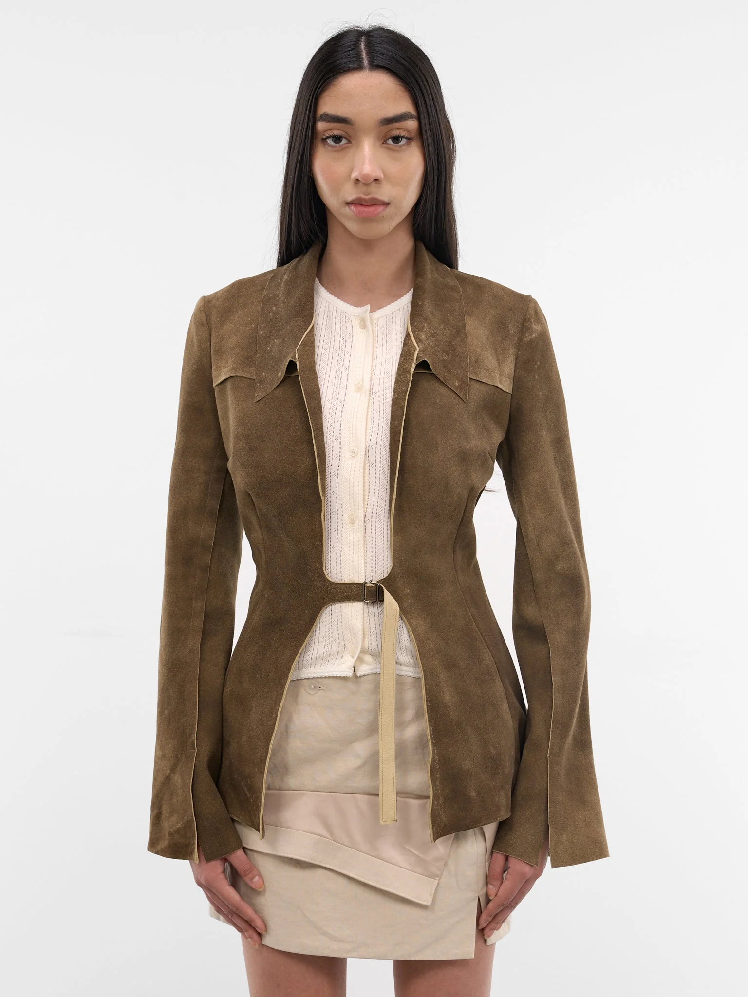 Brown Suede Cinch Belted Jacket - 1
