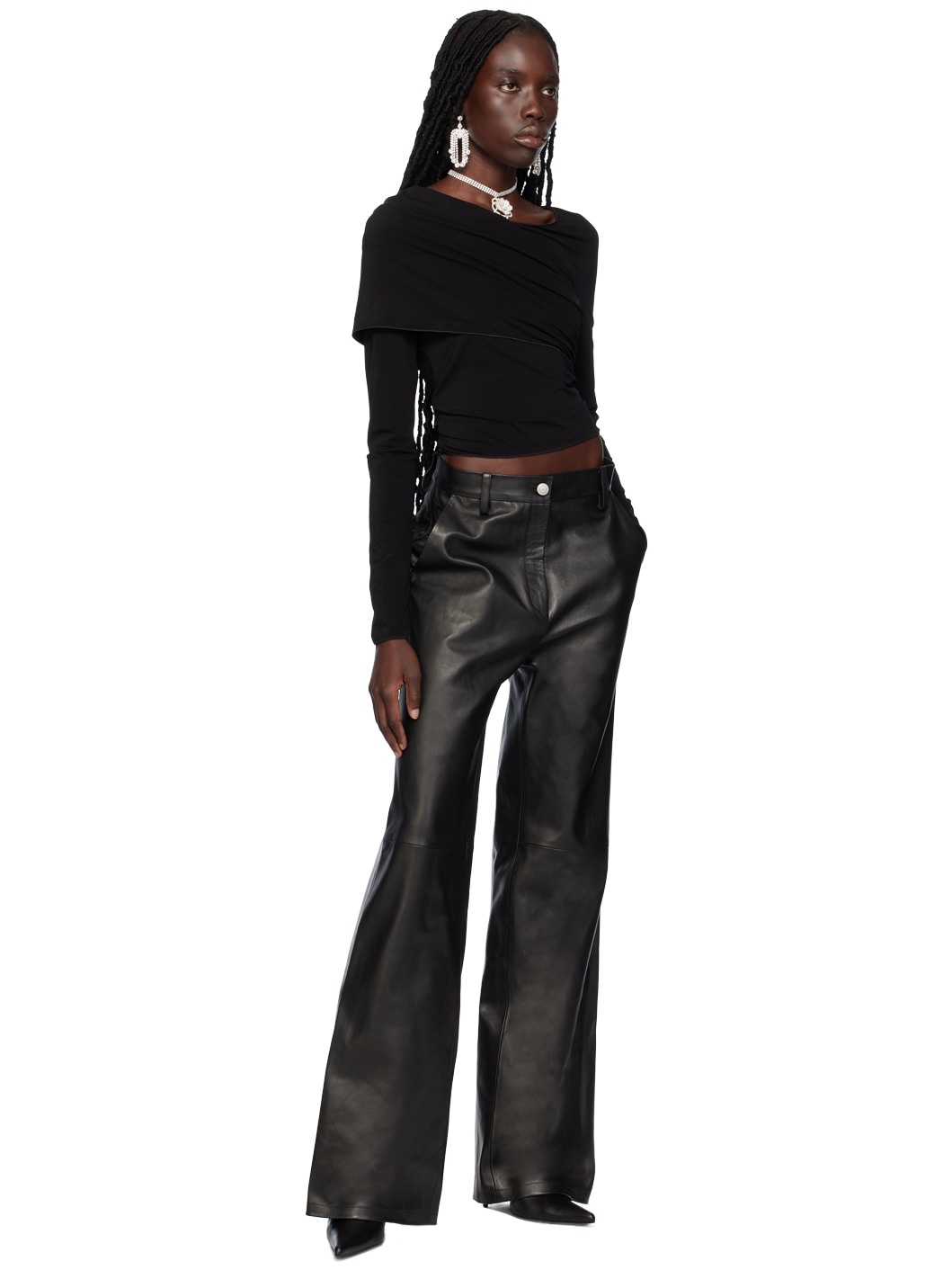 Black Paneled Leather Pants - 4