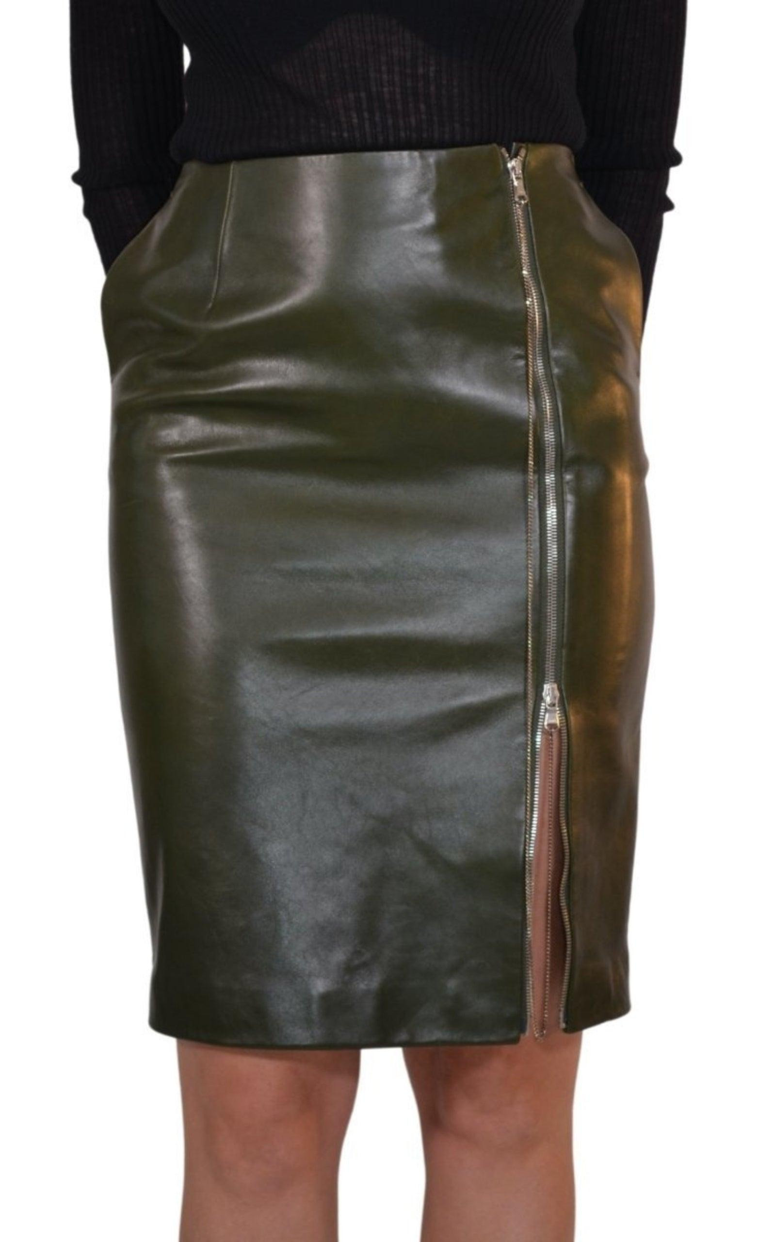Dark Olive Green Front Zipper Leather Skirt - 4