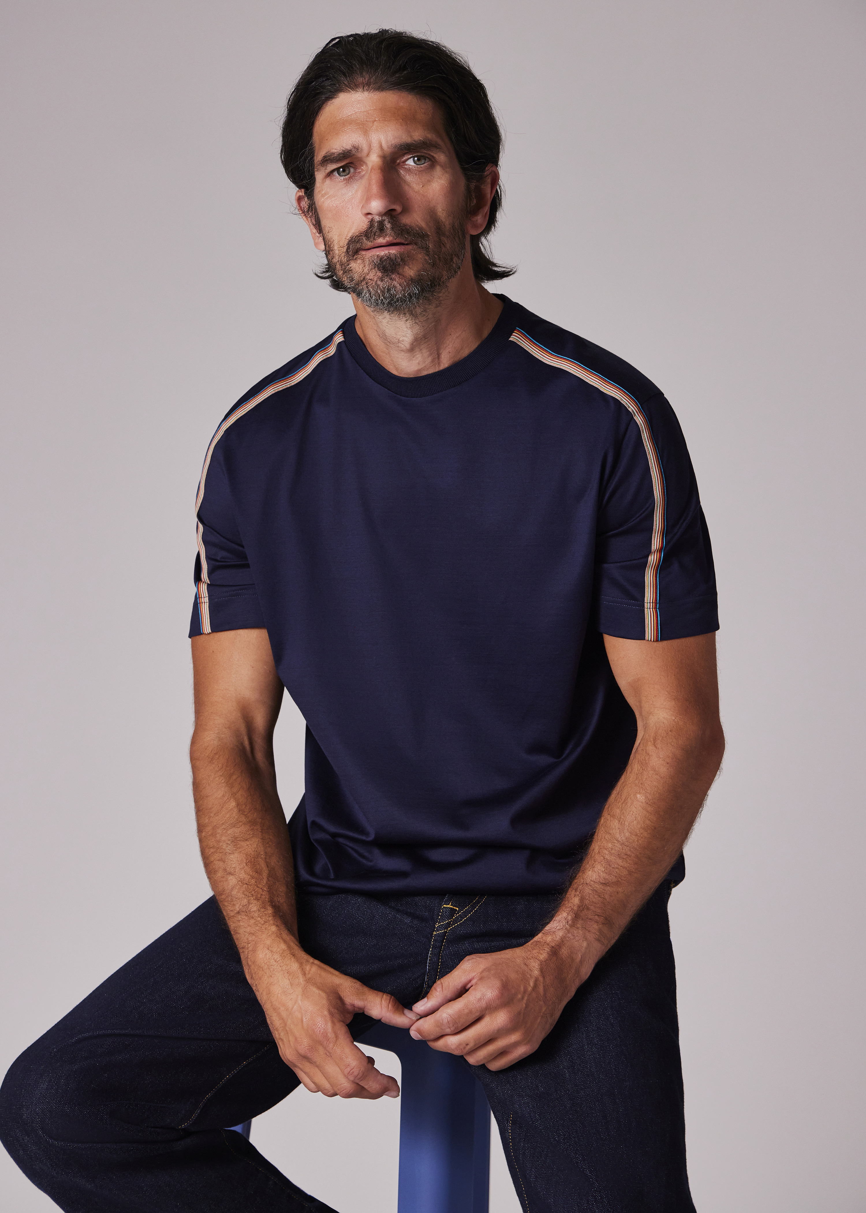 Navy Mercerised Cotton 'Signature Stripe' Shoulder Trim T-Shirt - 4