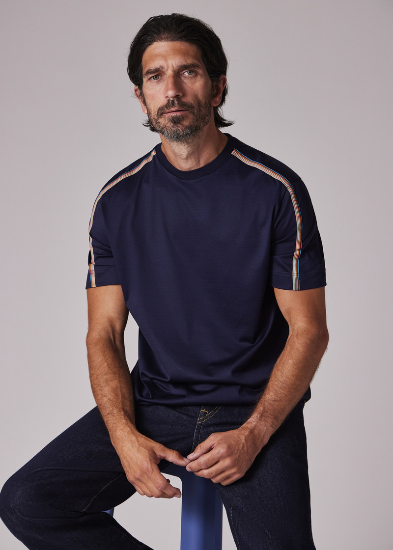 Navy Mercerised Cotton 'Signature Stripe' Shoulder Trim T-Shirt 4