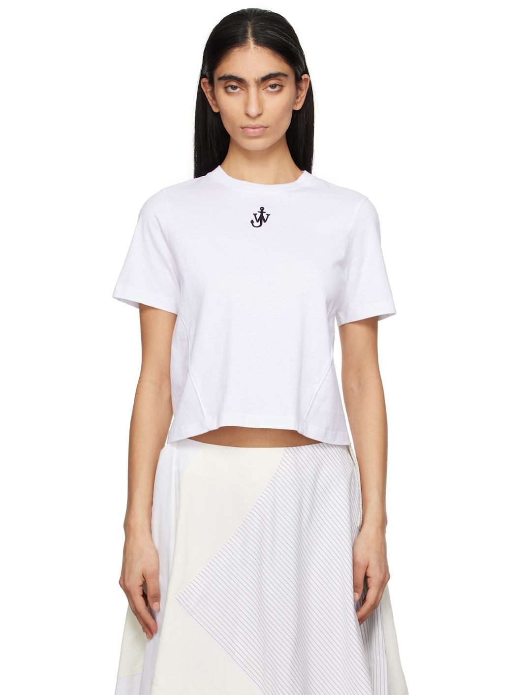 White Anchor Logo Cropped Panelled T-shirt - 1