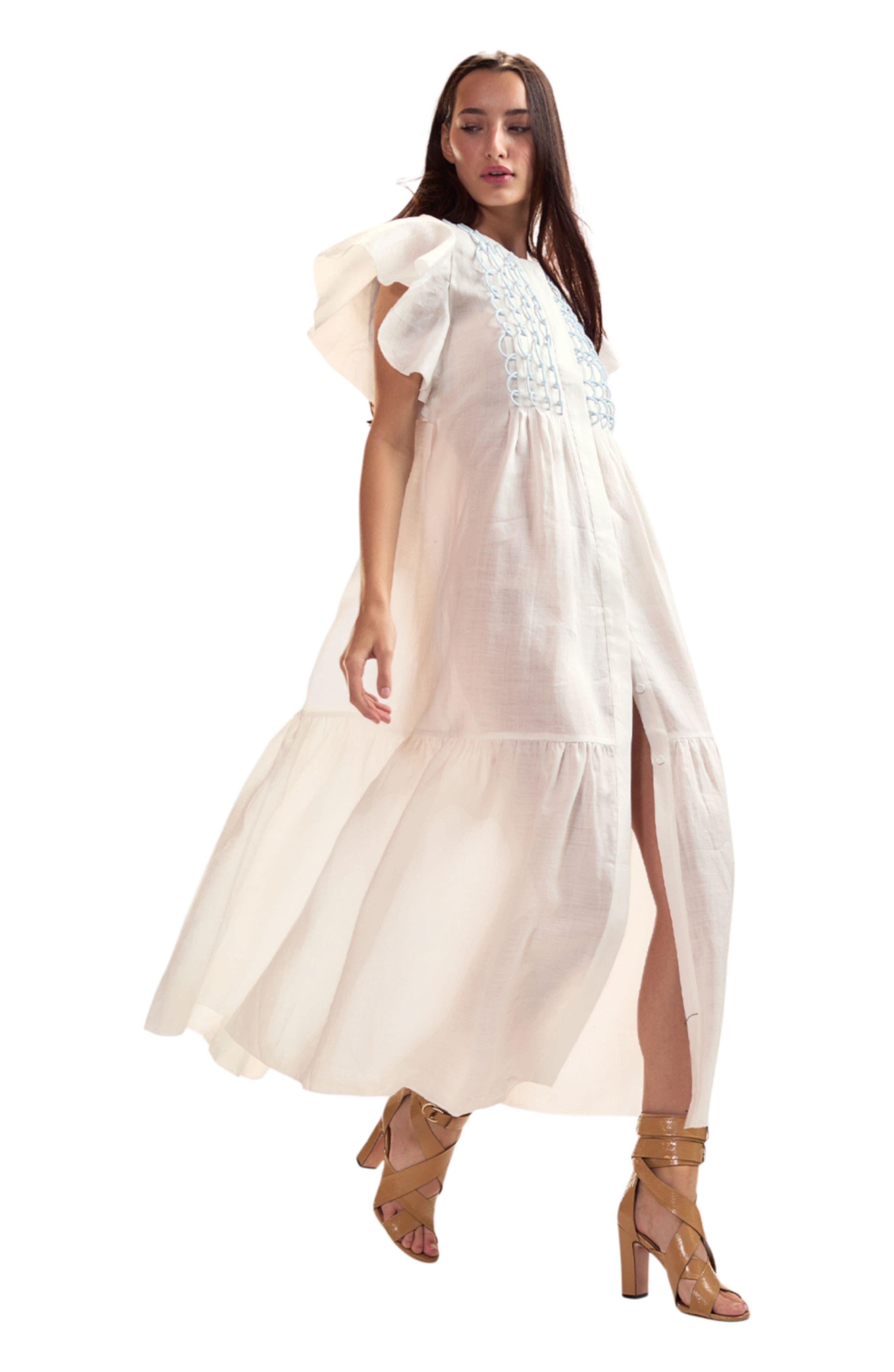 Cynthia Rowley Ramie Midi Pintuck Kaftan in White at Nordstrom - 3