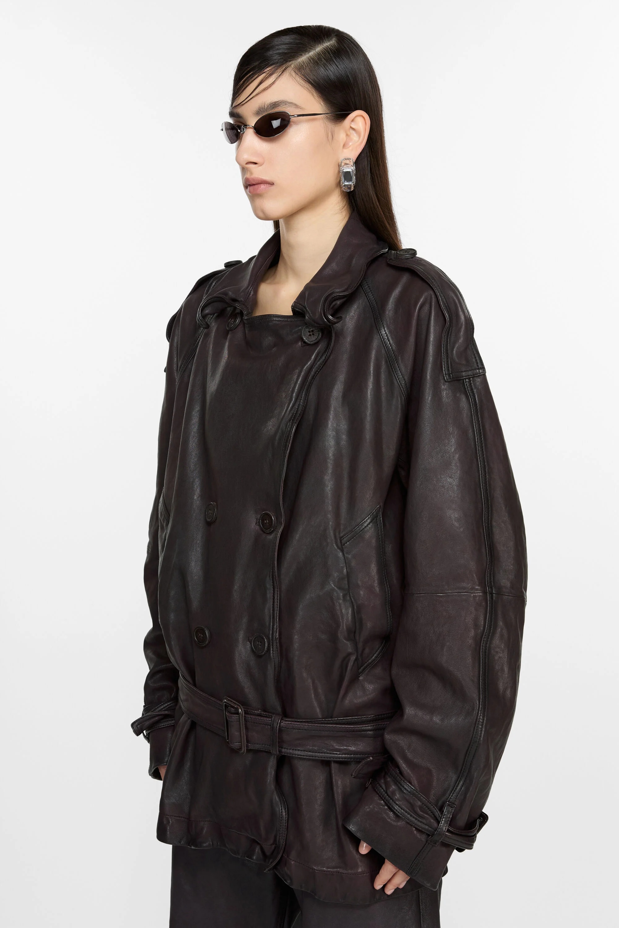 Belted leather jacket - Dark brown - 3