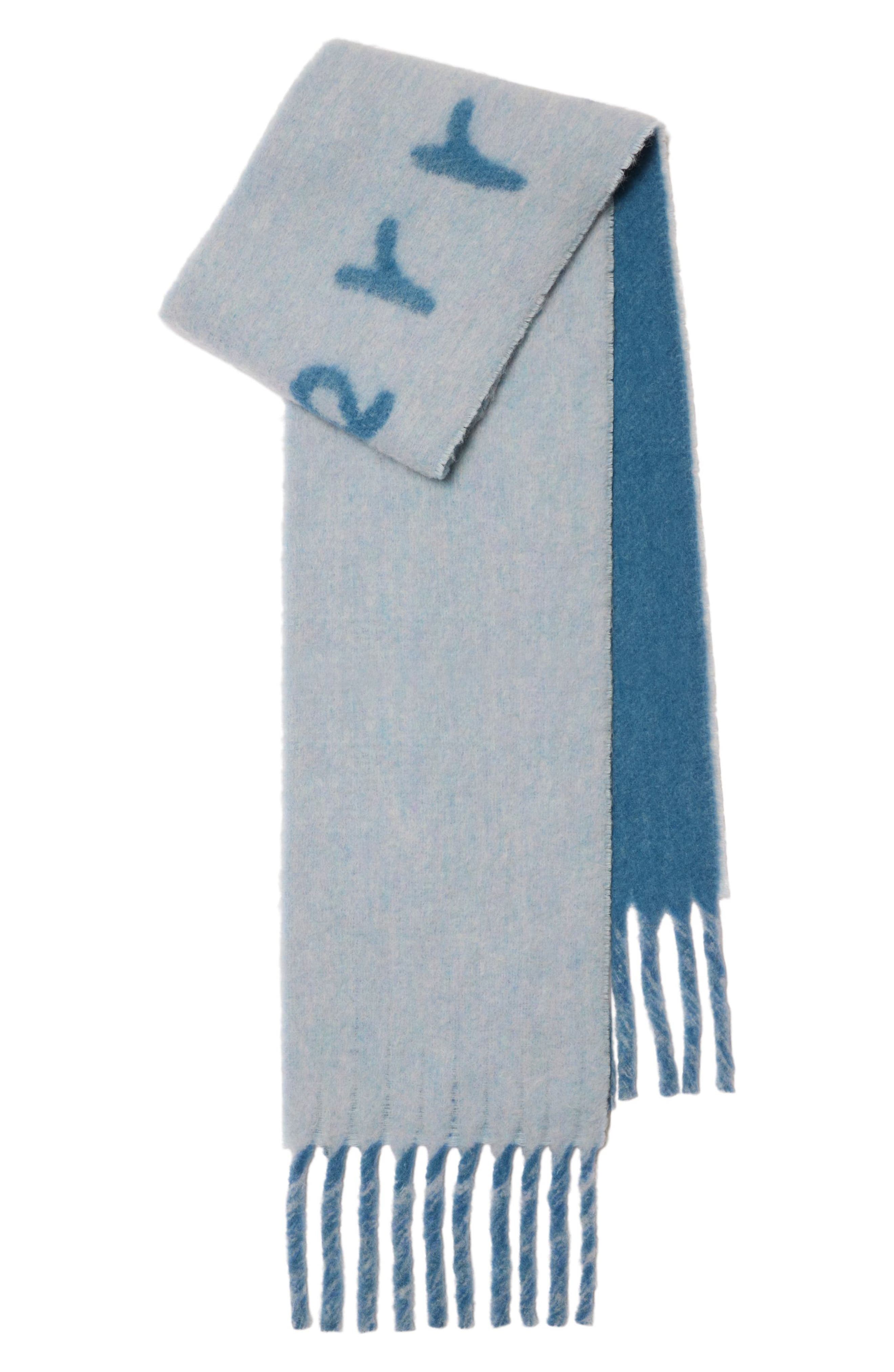 burberry Logo Text Jacquard Reversible Alpaca & Wool Blend Fringe Scarf in Blue at Nordstrom - 2