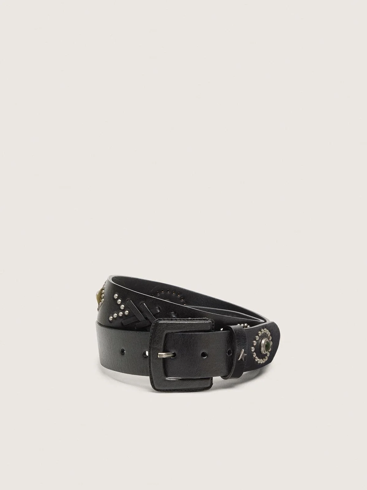 Men’s Sierra belt in black washed leather with decorative studs and pony skin inserts - 1