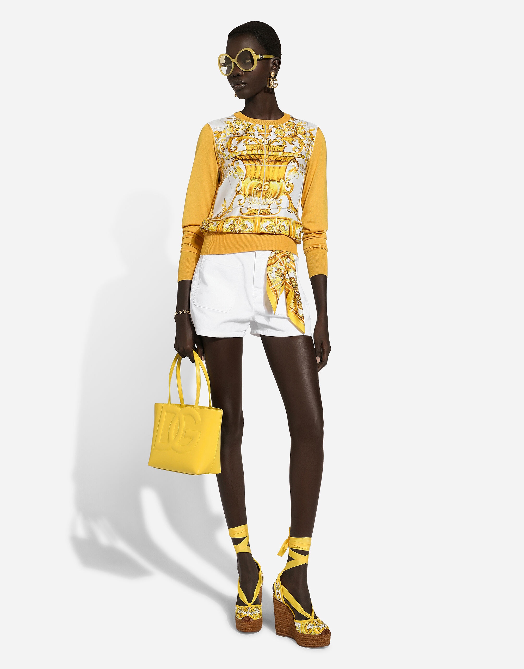 Silk sweater with majolica-print silk twill panel on the front - 2