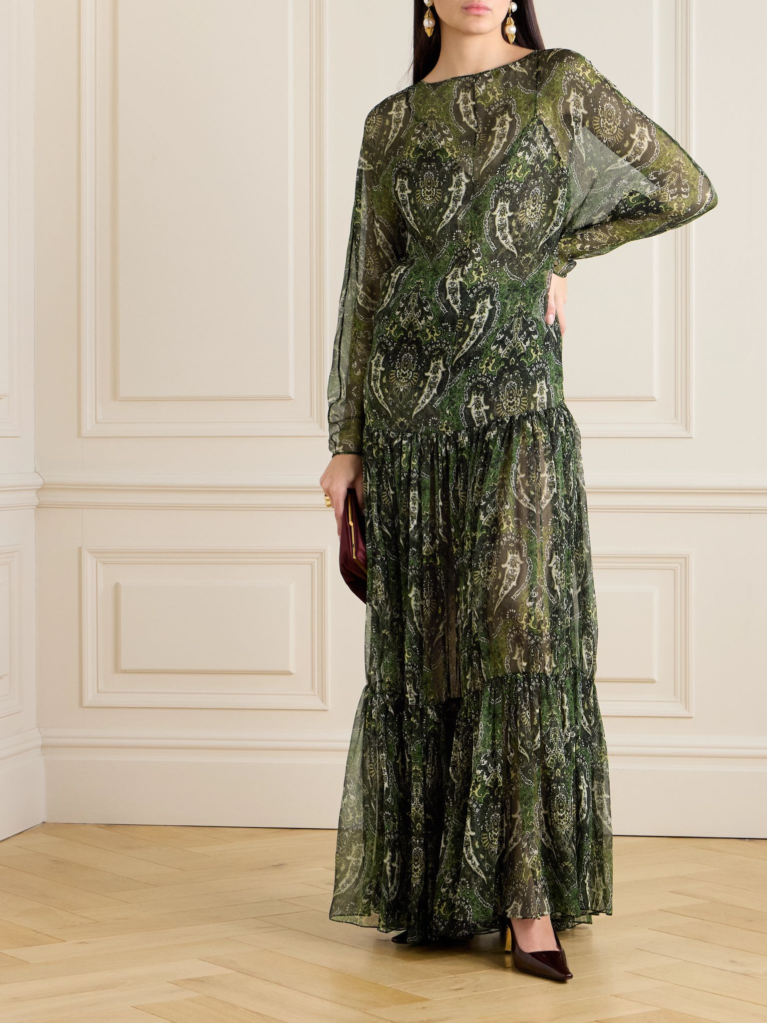 Pussy-bow shirred printed metallic silk-crepon maxi dress Brown - 2