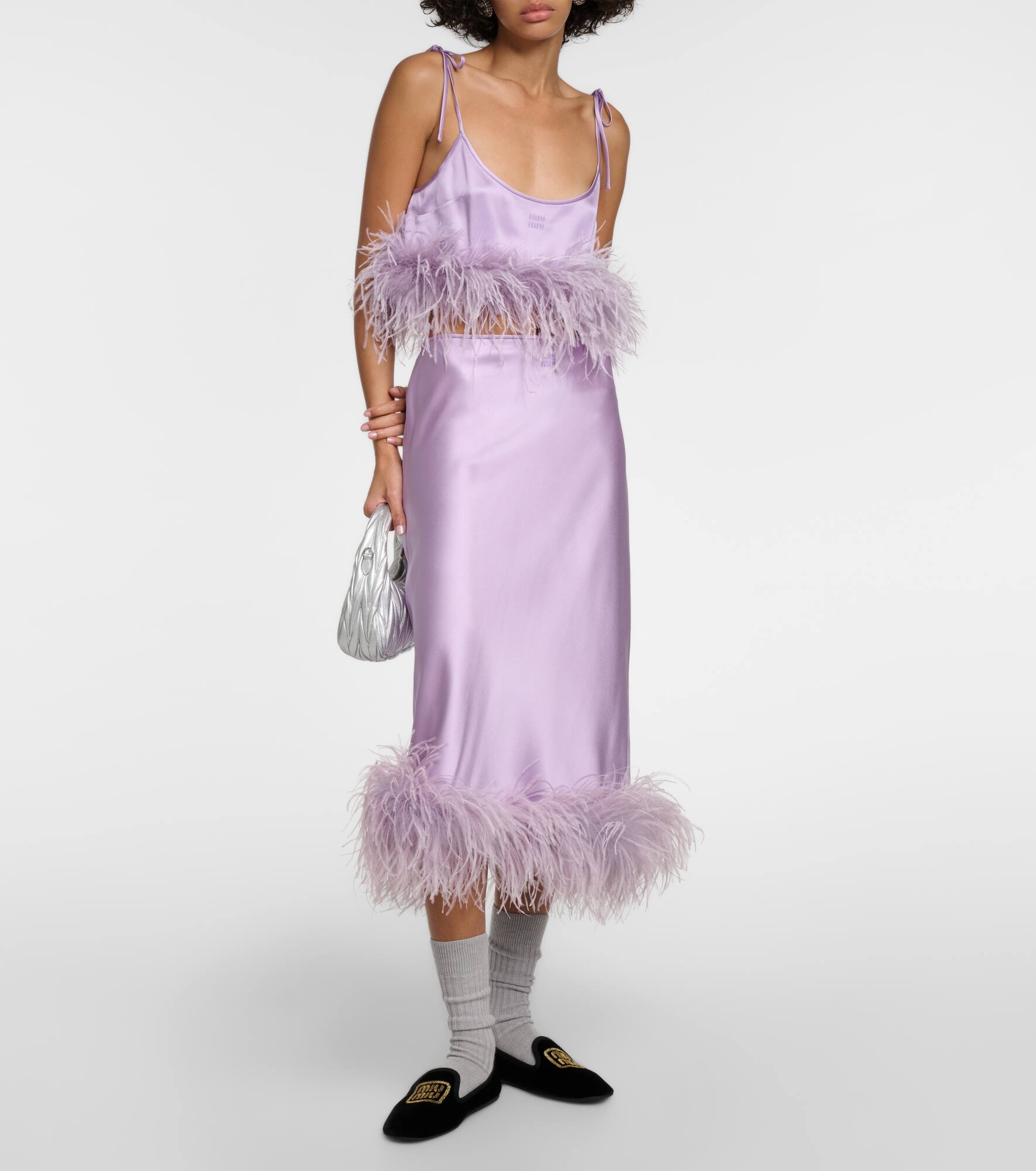 Feather-trimmed satin midi skirt - 6