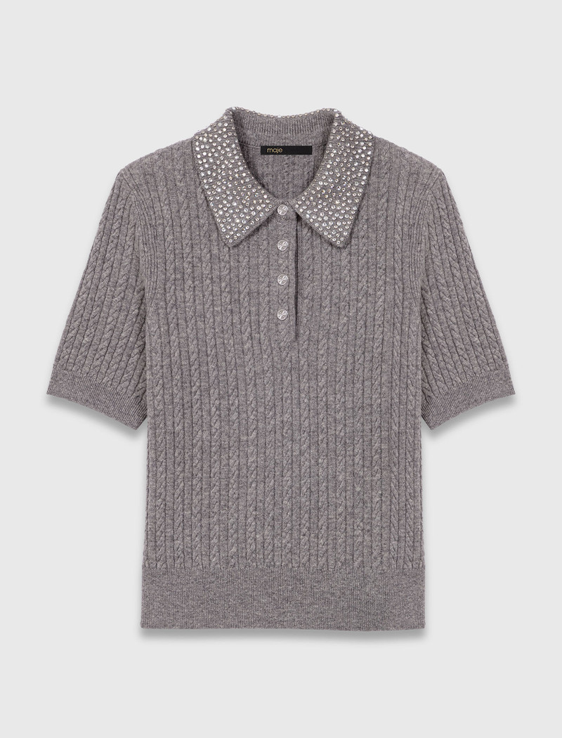 Wool polo shirt with rhinestone collar 1