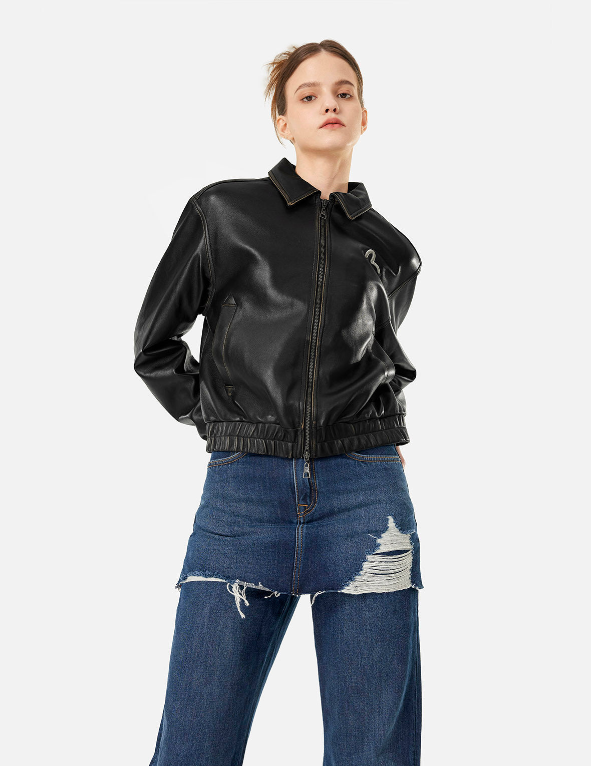 SEAGULL EMBROIDERY AND LOGO APPLIQUÉ FASHION FIT LEATHER JACKET - 13