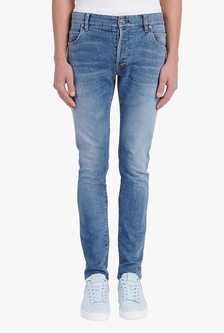 Slim cut blue cotton jeans with embossed Balmain logo - 5