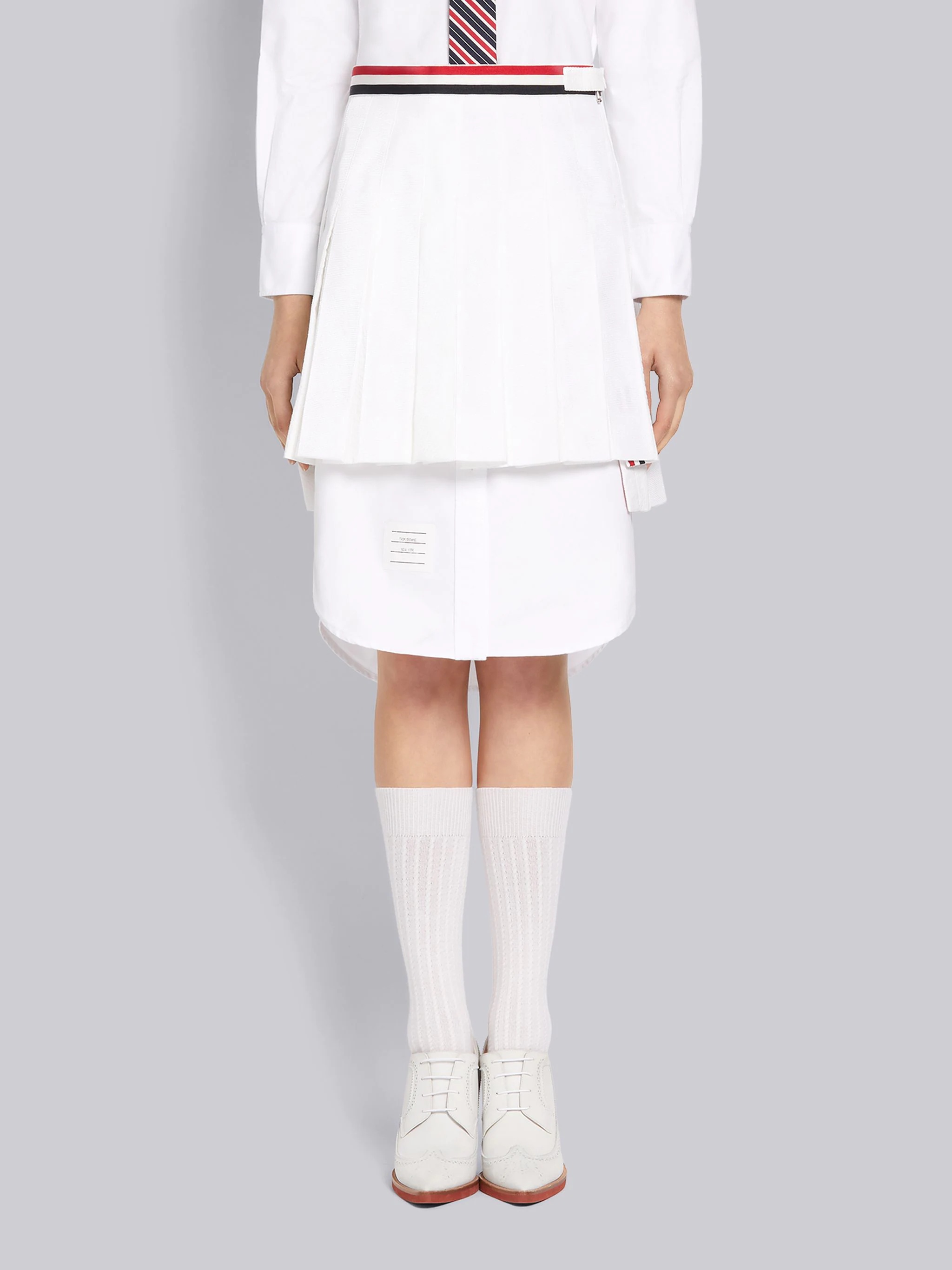 White Cotton Seersucker Grosgrain Combo Pleat Mini Pleated Skirt - 1