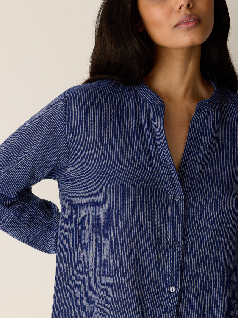 Striped Organic Cotton Gauze Band Collar Shirt 5