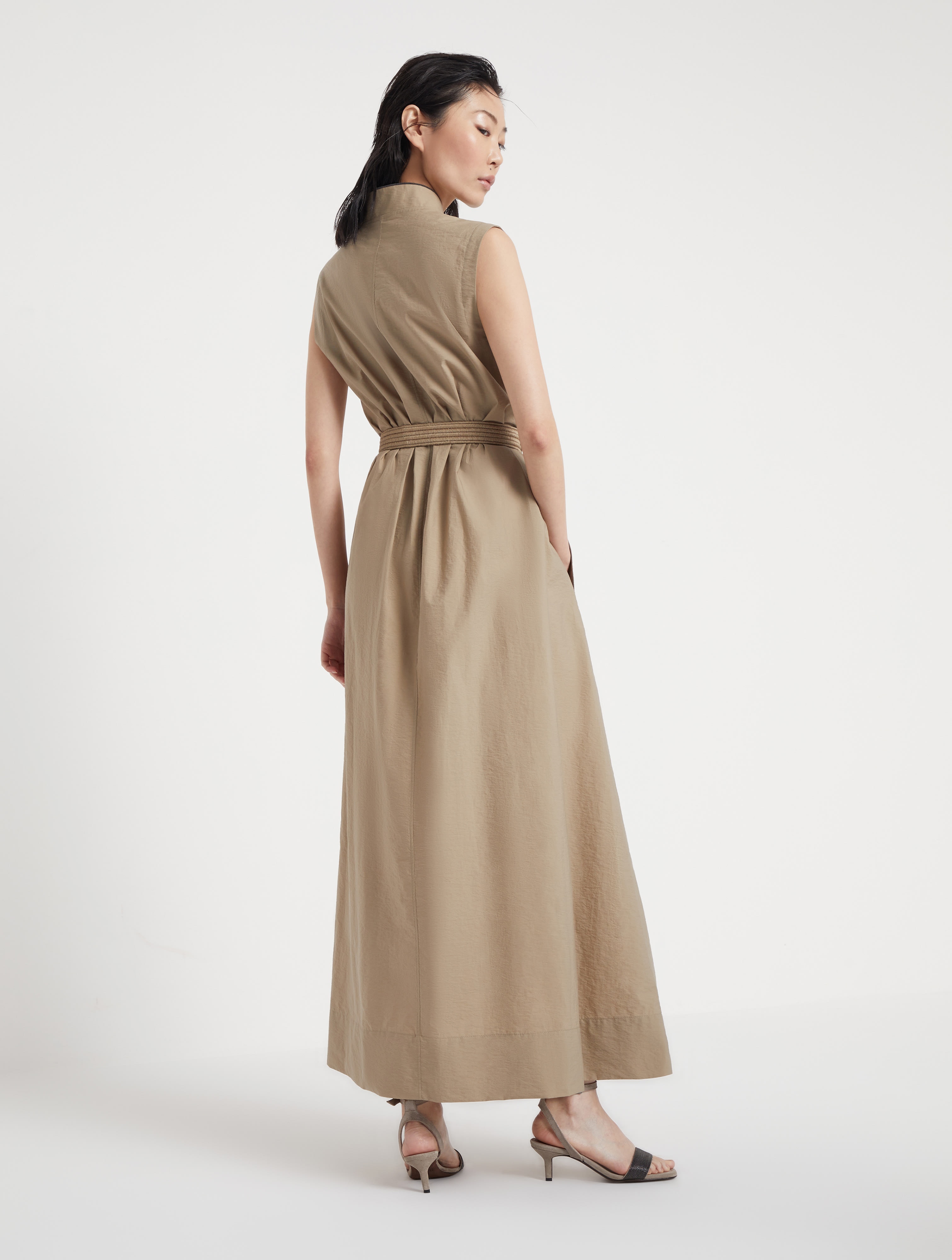Techno cotton poplin dress with raffia belt and shiny trim - 2