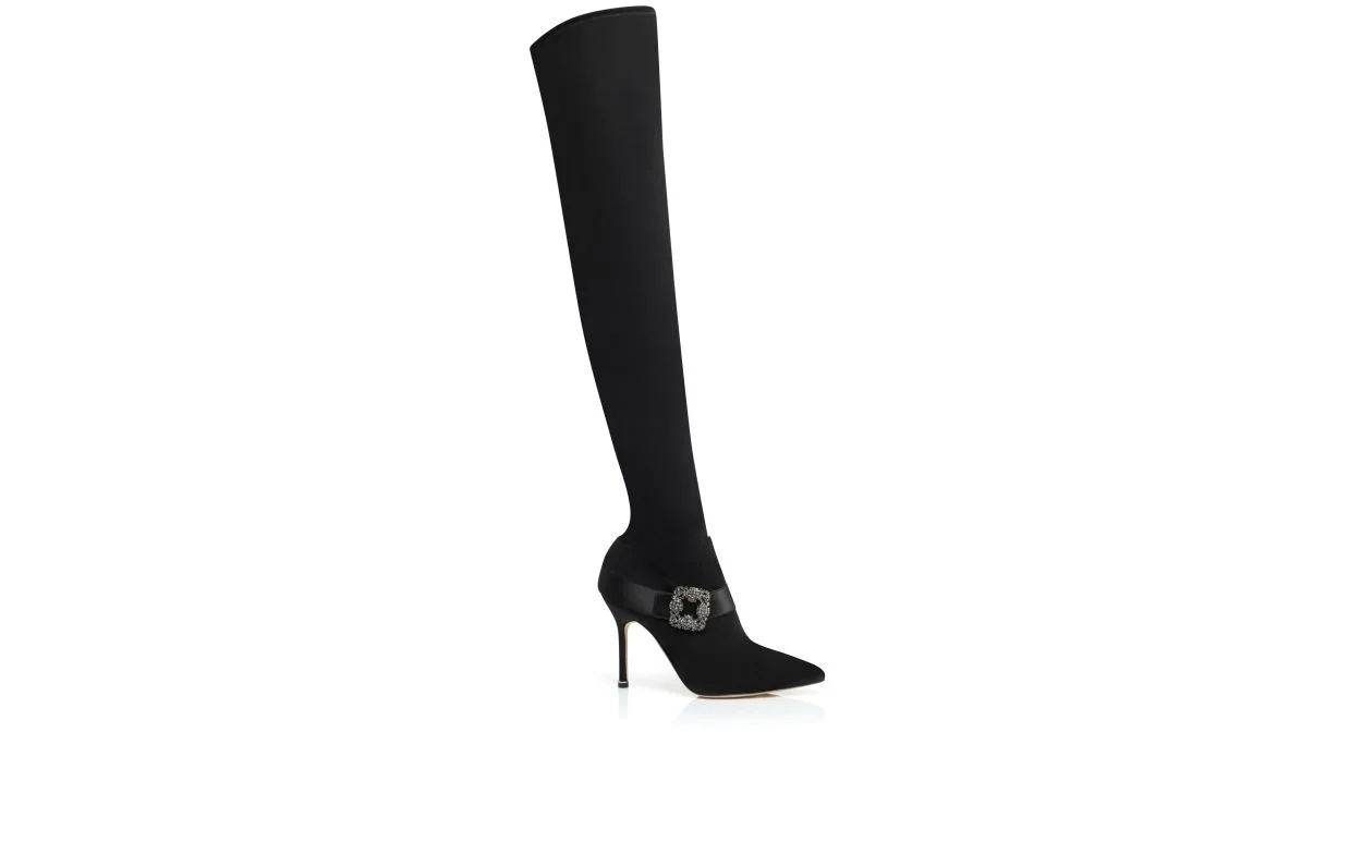 Black Suede Jewel Buckle Thigh High Boots - 1