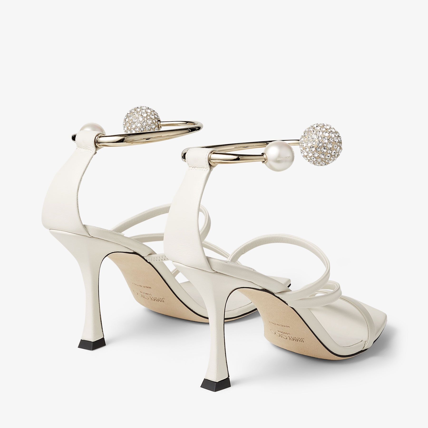 Ottilia 90
Latte Nappa Leather Sandals with Crystal and Pearl Strap - 5