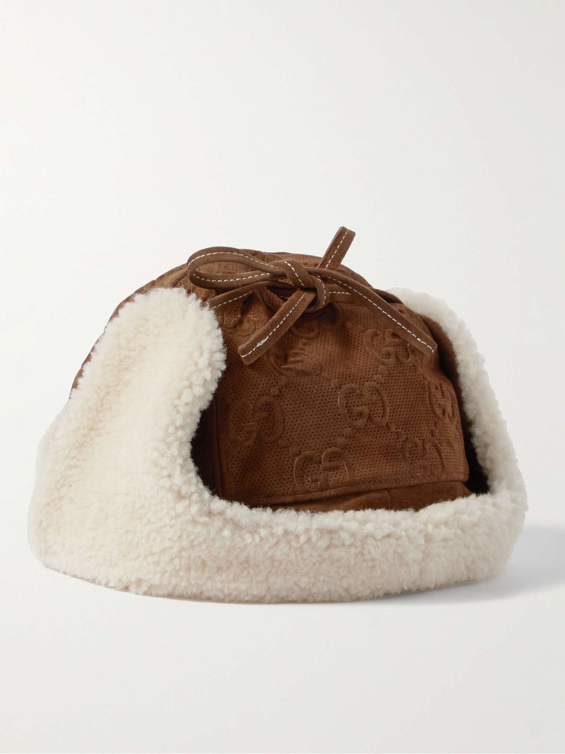 Shearling-Lined Logo-Embossed Perforated Suede Trapper Cap 4