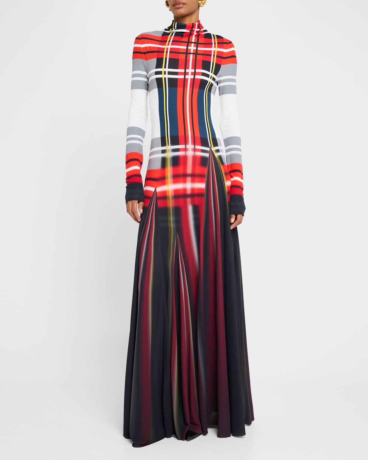 Blur Check Turtleneck Godet Maxi Dress - 1