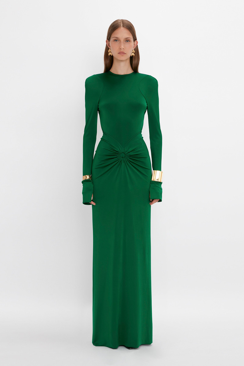 Victoria Beckham Circle Detail Open Back Gown In Emerald - 1124WDR005138A- Viridian-4 | REVERSIBLE