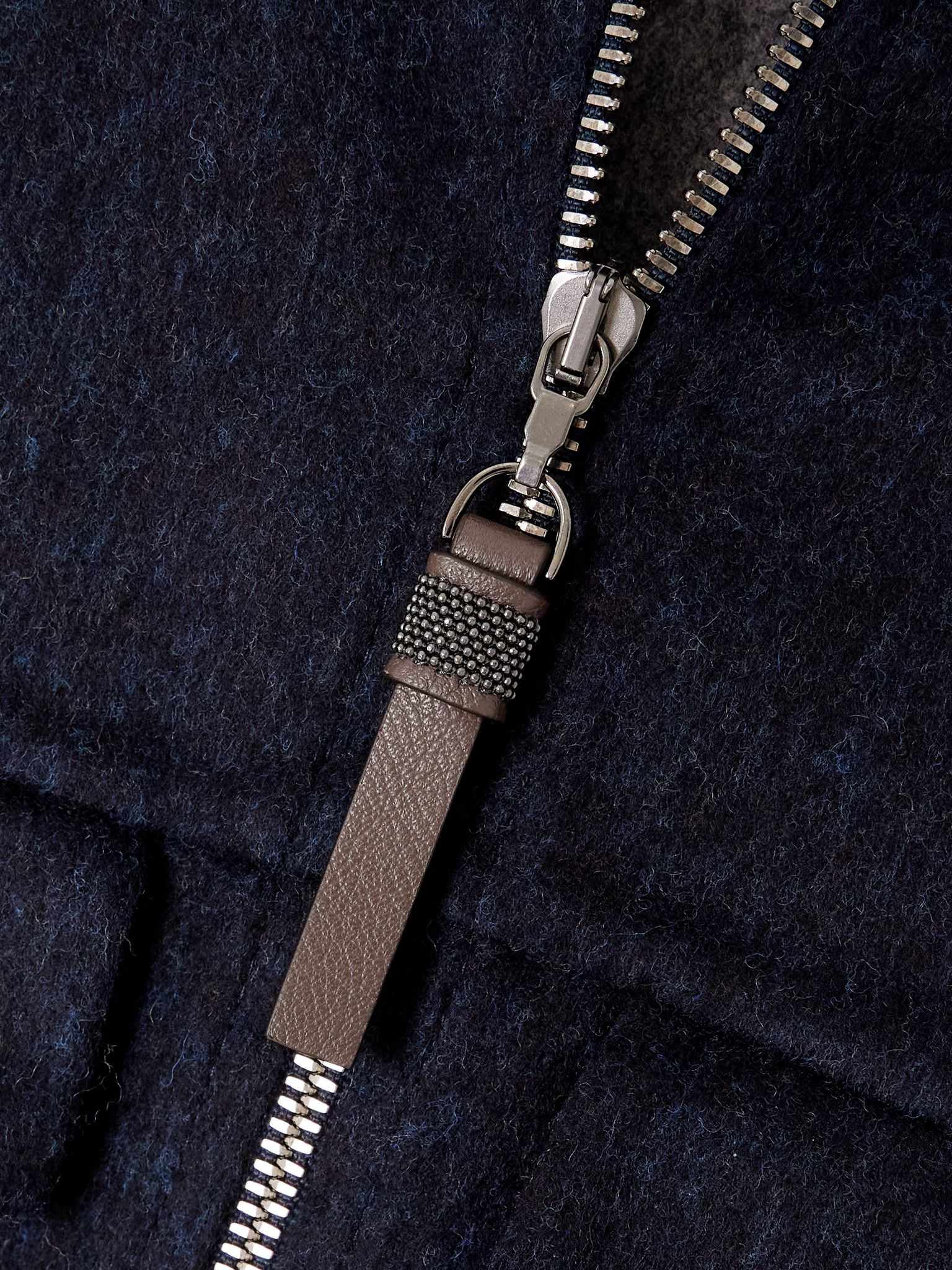 Bead-embellished leather-trimmed wool bomber jacket Navy - 5