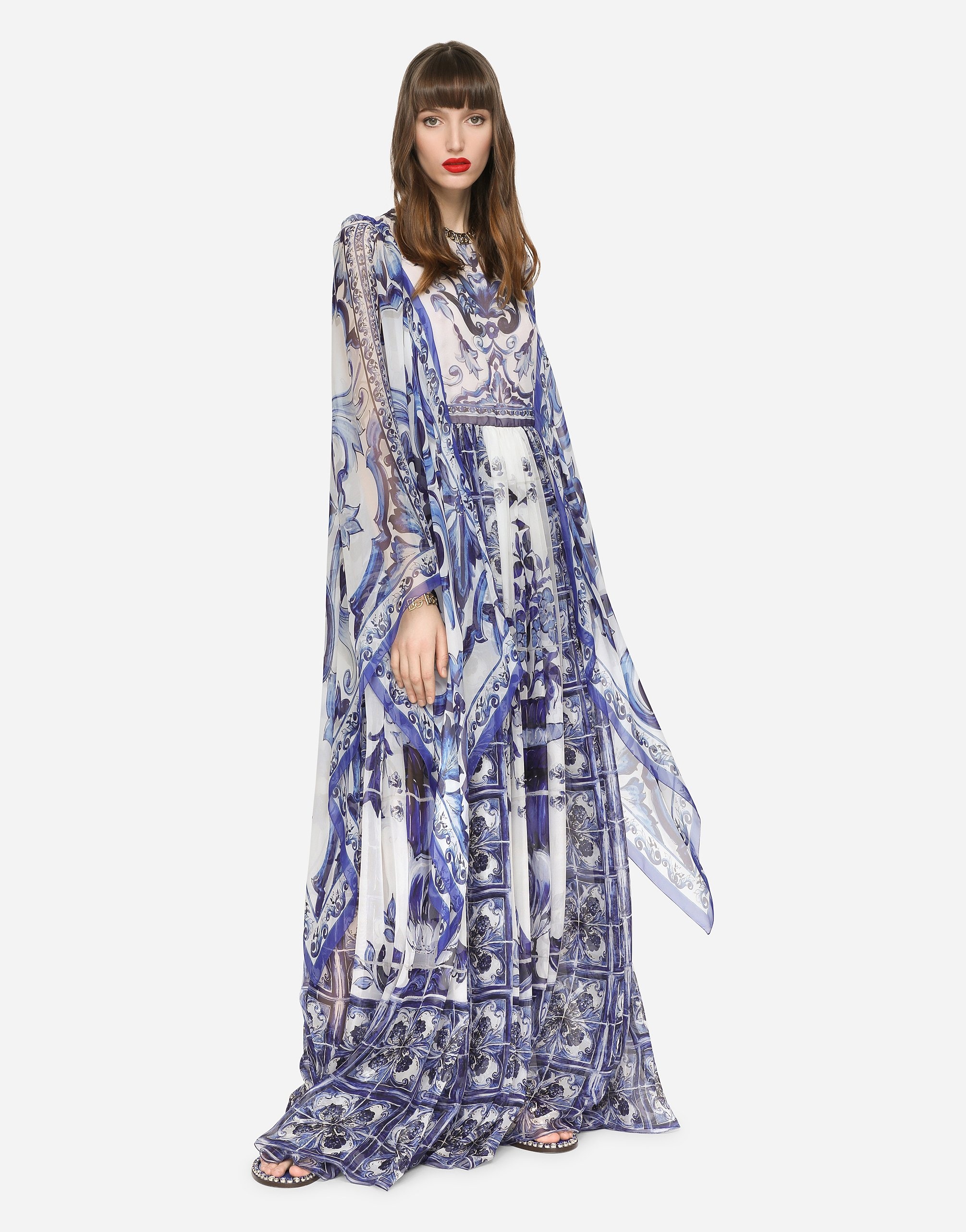 Long majolica-print chiffon dress - 2