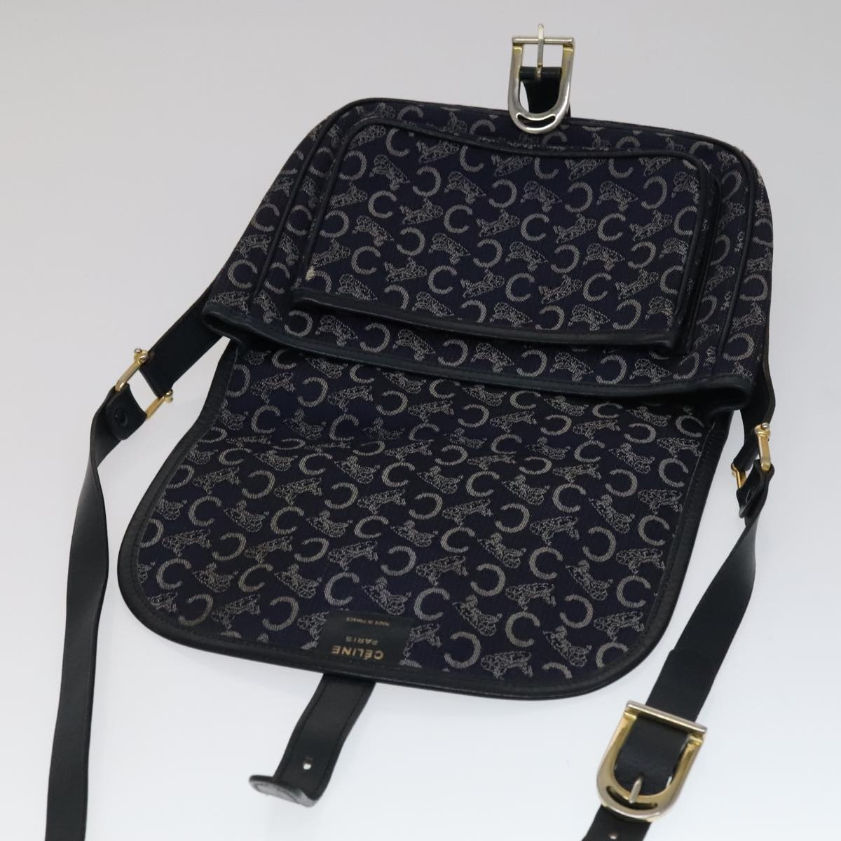 CELINE C Sulky Shoulder Bag Canvas Navy Gold - 11
