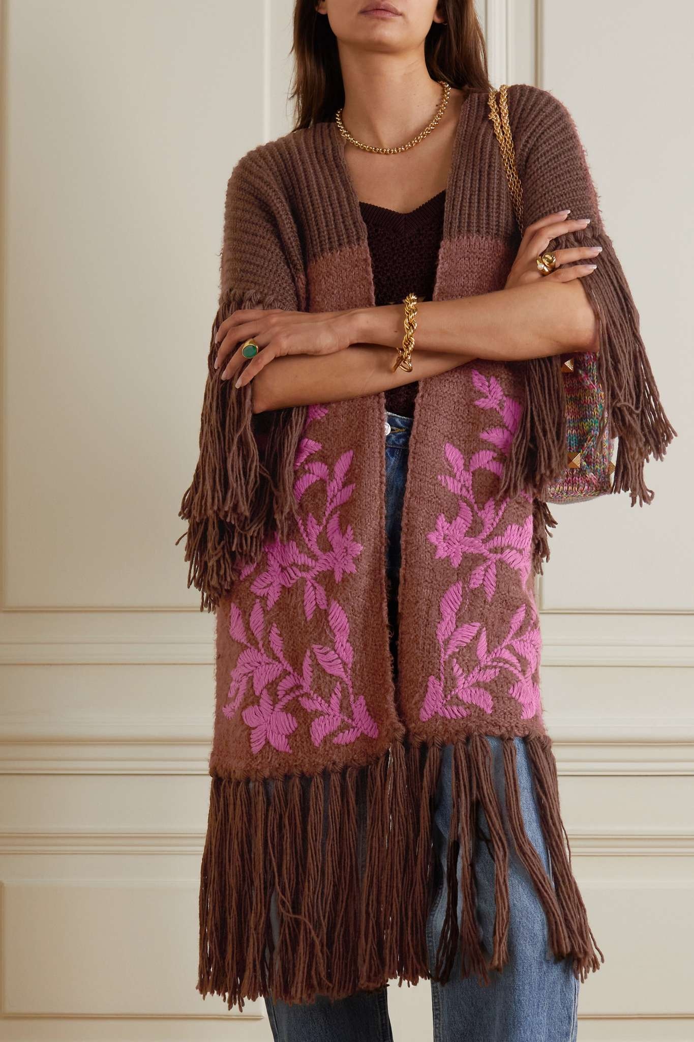 Fringed embroidered wool and silk-blend wrap - 3