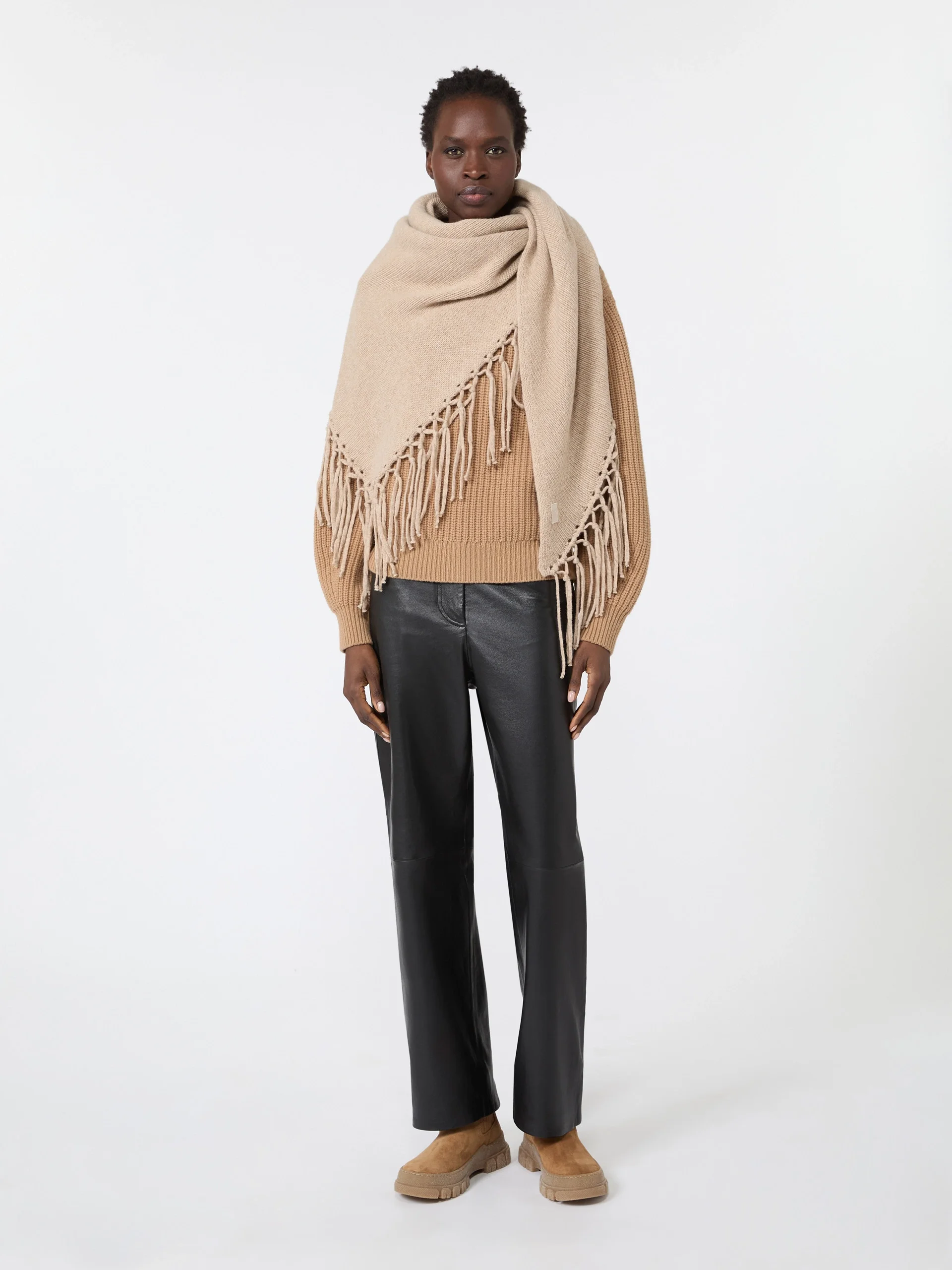 TORNADO Fringed wool shawl - CARAMEL - 1