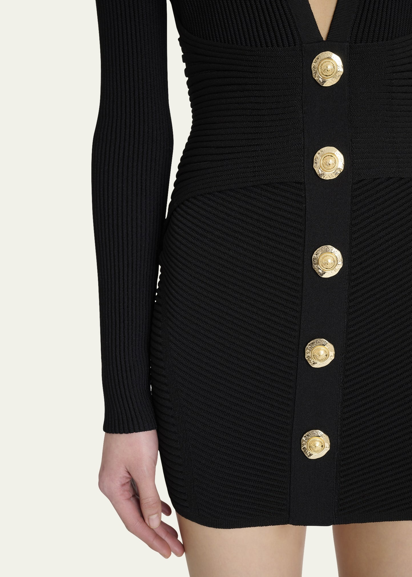 Buttoned Plunging Rib Knit Mini Dress - 5
