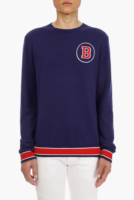 Navy blue cotton sweater with embroidered red and white Balmain logo - 8