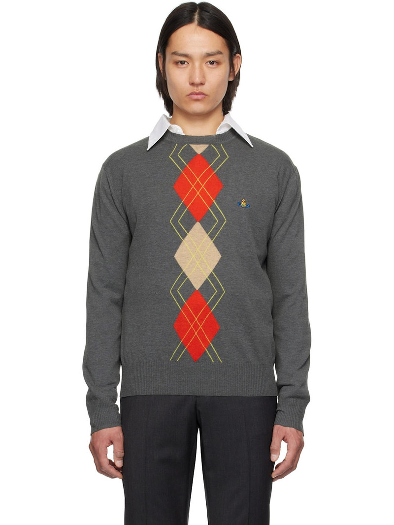 Gray Argyle Round Neck Sweater 1