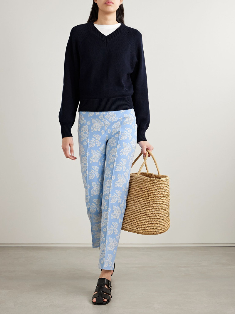 HIGH SPORT Louis cropped floral-jacquard straight-leg pants Light blue outlook