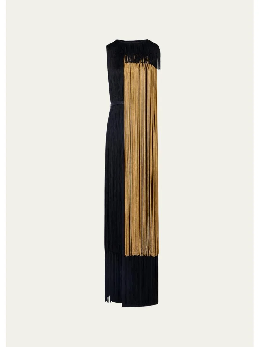 Colorblock Oro Lienzo Fringe Column Gown - 1